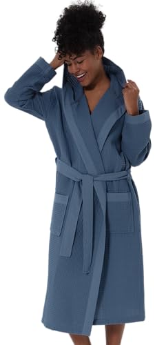 SEYANTE Women's Organic Cotton Waffle Robe with Hood GOTS Certified Lightweight Full-Length Spa Bathrobe with Piping Indigo Blue, Size Large