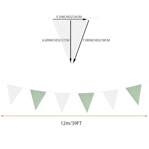Image of Zwiebeco 39Ft Green White Fabric Bunting Banner Triangle Flags Hanging Cotton Garland Pennant for Spring Tea Party Birthday Wedding Baby Shower Outdoor Garden Decorations 42PCS