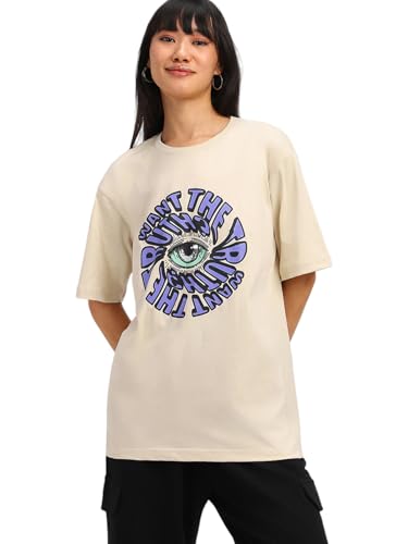 Image of JUNEBERRY Oversized Loose Baggy Fit Drop Shoulder Half Sleeves Pure Cotton Want The Truth Swan White & Viva Magenta Graphic Printed Cool Boyfriend T-Shirt for Women