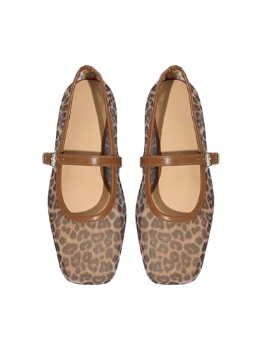 Milumia Women's Leopard Print Mesh Bellet Flats Mary Jane Square Closed Toe Flat Shoes