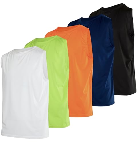 Real Essentials 5 Pack: Boys Active Quick Dry Fit Tank Top Tops Shirts Boy Tshirts Kids Muscle Tees Summer Tanks Jersey Sleeveless Sports Gym Workout Running Athletic Undershirt Breathable Hiking Set 2,Xl cover