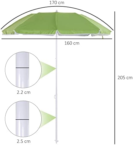 Outsunny arc1.7m x 2.05m Outdoor Beach Umbrella Parosol Sun Shelter Tilt with Carrying Bag - Green