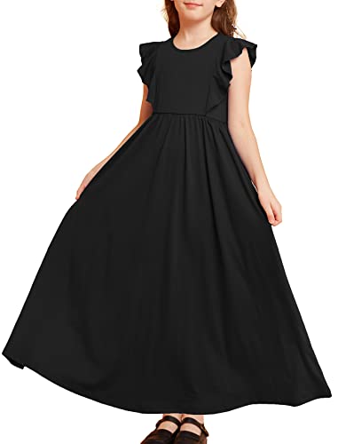 Pinkbeautim Girls Ruffle Sleeve Maxi Dress With Pockets For 6 Years Little Girl Long Full Length Dresses Black #TOP4