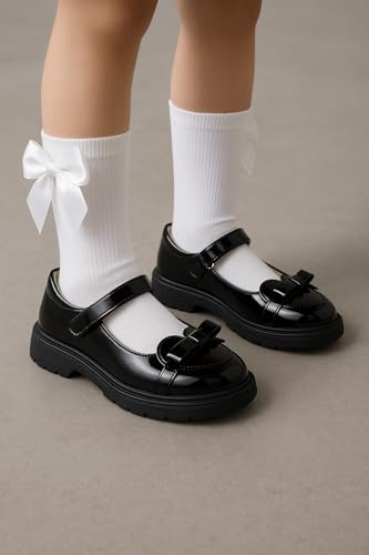 Girls Black Patent Mary Jane Dress Shoes with Bow Hook-and-Loop Strap Footwear4