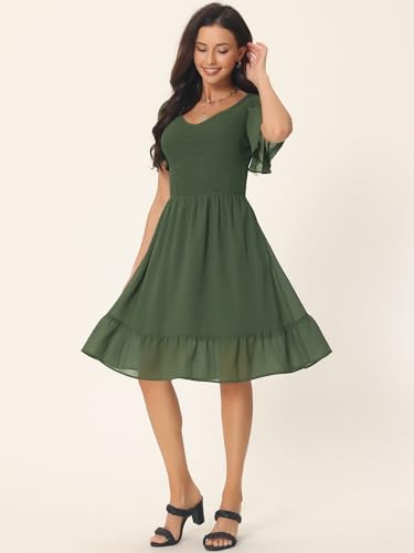 Image of Seta T Women's Summer Chiffon Dresses Smocked V Neck Flutter Short Sleeve Flowy Casual Dress with Pockets