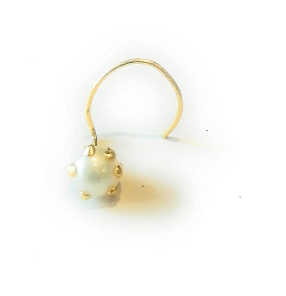 Shree Jewellers 14K Gold Round-Shape Prong Setting Pearl (Moti) Nose Pin Stud for Women Girls (Medium size 3 mm)