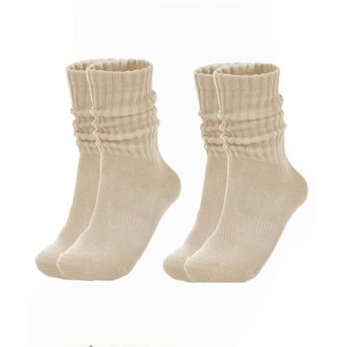 Image of Womens Slouch Socks Cotton Calf Socks Cream Scrunchy Retro Solid Crew Socks