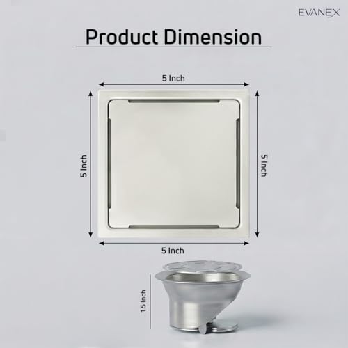 Image of EVANEX Square Shower Drain Channel | 5x5 Inch Floor Drain | 304 Stainless Steel Bathroom Jali |Waste Water Bathroom Drainer with Cockroach Trap | Silver| Bathroom Accessories Set