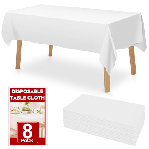RowinsyDD 8 Pack White Plastic Table Cloths Disposable, 54 x 108 Inches Plastic Table Cover for Rectangle Tables, Disposable Tablecloth for Dinning, Parties, BBQ, Wedding, Outdoor
