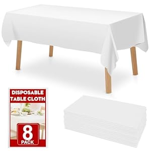 8 Pack White Plastic Table Cloths Disposable，54 x 108 Inches Plastic Table Cover for Rectangle Tables，Disposable Tablecloth for Dinning，Parties，BBQ，Wedding，Outdoor