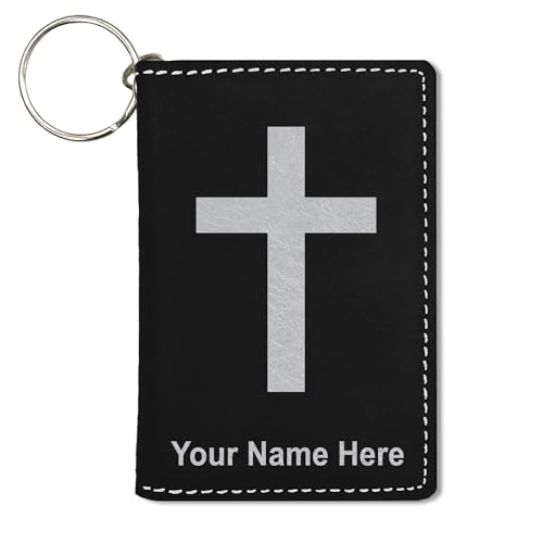LaserGram ID Holder Wallet, Christian Cross, Personalized Engraving Included (Black with Silver)