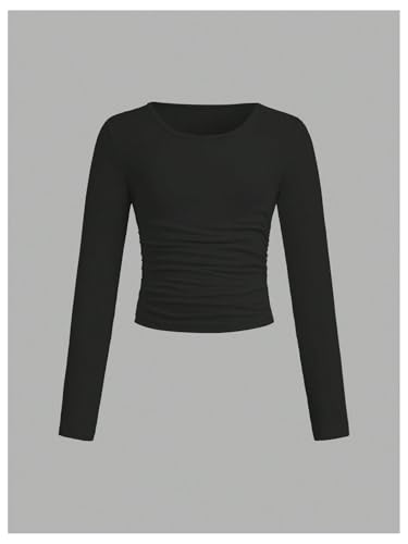 SOLY HUX Girl's 3 Piece T Shirt Crew Neck Long Sleeve Ruched Crop Tops Slim Fit Solid Basic Tee3