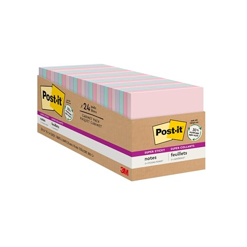 Post-it Super Sticky Recycled Notes, 3x3 in, 24 Pads, 2X The Sticking Power, Bali Collection, Pastel Colors (Lavender, Apricot, Blue, Pink, Mint), 30% Recycled Paper (654-24NH-CP)