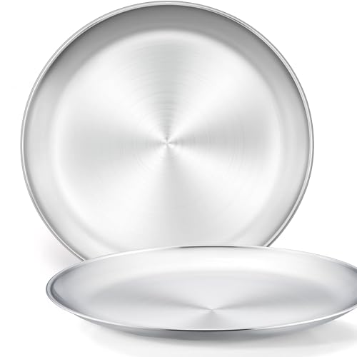 Herogo 13.5 Inch Stainless Steel Round Pizza Pan Plates Set of 2, Large Healthy Pizza Tray Platter for Oven Baking Serving, Dishwasher Safe