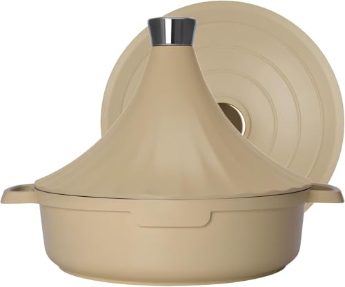 Tajín Antiadherente de 28 cm con Dos Tapas, Multiusos, de Aluminio Fundido, de Gran Capacidad, para Cocina y hogar (Beige)