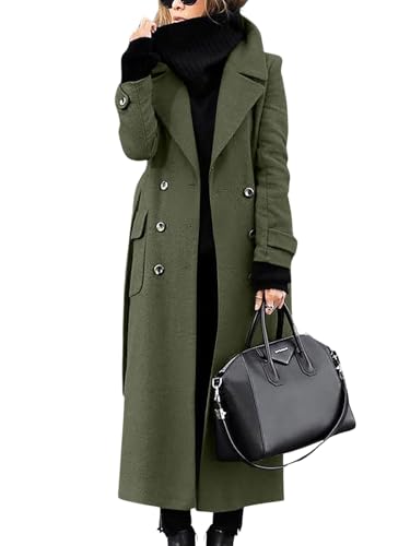 Image of ebossy Women s Winter Double Breasted Wool Coat Elegant Notched Lapel Belted Mid Long Pea Trench Coat (M, Army Green)