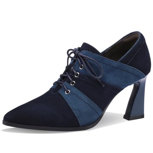 TDD Short Ankle Boots for Women Pointed Toe Chunky Heel Booties Lace Up Dressy Ankle Boots Vintage Blue Booties Faux Suede Dress Shoes