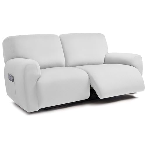 ULTICOR Squared Jacquard Design Extra Wide 75″ – 100″, Reclining 2 Seater Sofa, Extra Wide 6-Piece Reclining LoveSeat Slipcover, Reclining Sofa Covers, Thick, Soft, Washable (White)