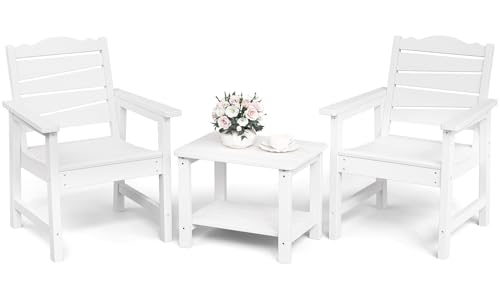 LAHAAP Patio Chairs Set, 3 Pieces Weatherproof HIPS Outdoor Furniture, Patio Chairs Conversation Sets with Side Table for Garden Porch Lawn & Backyard(White)