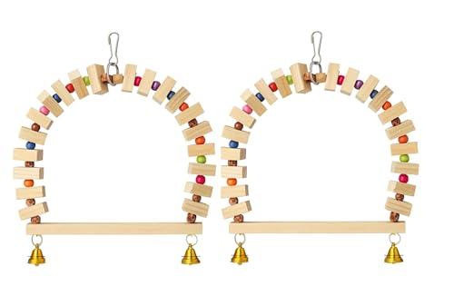 Image of Raindrops Wooden Swing with Colourful Beads for Bird Cages|Birds Stress Free Items|Cage Accessories|Wooden Ladder|Swing with Dotted Perch|Birds Chew Toy|Training aid Toy (Height 23.5cm-Pack of 2)