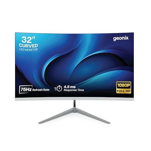 Geonix Argon 32" LED Curved Monitor 80.01 CM,75Hz Refresh Rate,4000:1 Contrast Ratio,Max. Res.1920X1080,4.5ms Response Time,16.7M(8Bit) Display Color 