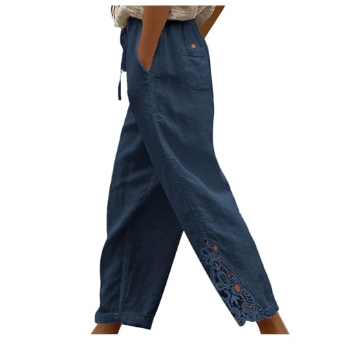 Womens Boho Cotton Linen Capri Pants Lace Stitching Cropped Pants High Rise Vintage Crop Trousers Casual Jogging Pants