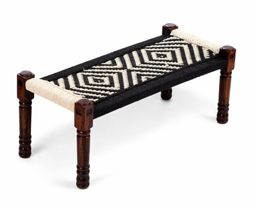 Image of Handwoven Wooden Bench | Traditional Rope Charpai Stool | Solid Wood Frame Seating for Living Room, Balcony & Outdoor | Durable & Stylish Design (Black and White)