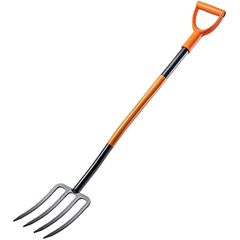 KADAX Spatengabel aus Stahl, Gabel mit D-Griff, Grabgabel zum Umgraben und Auflockern, ergonomische Gartenforke, Heugabel, Mistgabel, Gartengabel (4 Zinken, Schwarz/orange) Cover