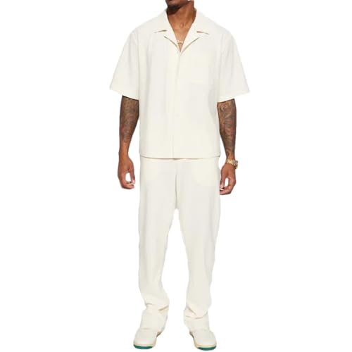 Mens 2 Piece Suits Streetwear Trendy Loose Short Sleeve Lapel Shirt and Pants Outfits Sets