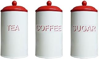 TEA COFFEE SUGAR JARS METAL CREAM JARS WITH RED LIDS