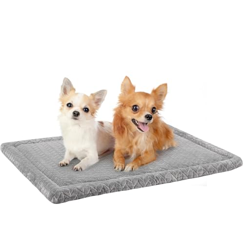 BEAUTYZOO Dog Bed Crate Mat Washable, Dog Kennel Pad for Small Dogs, Anti-Slip Soft Fluffy Puppy Sleeping Mattress for Cages, Durable Cozy Pet Travel Car Bed 24 x 18 Inch, Gray Wheat