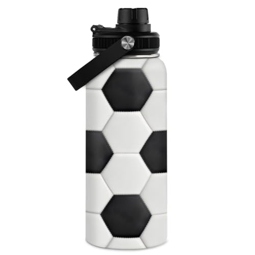 Image of SANDJEST Soccer Water Bottle with Lid - 32oz Insulated Stainless Steel Sport Bottles - Men Soccer Player Fan Coach