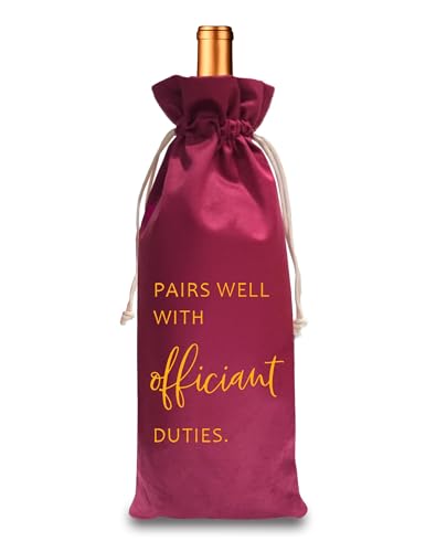 TBITON Wedding Officiant Wine Bag,Officiant Wine Bag,Pairs Well With Wedding Officiant Duties,Officiant Gift,Officiant Wedding Gift, Burlap Drawstring Wine Bag (Officiant-Red)