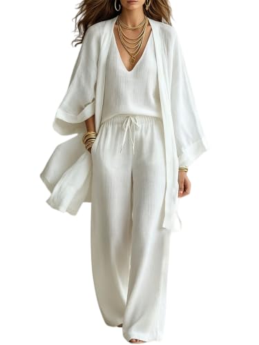 Women's Cotton Linen 3 Piece Lounge Set Cardigan Cami Wide Leg Pants (Off White,M)