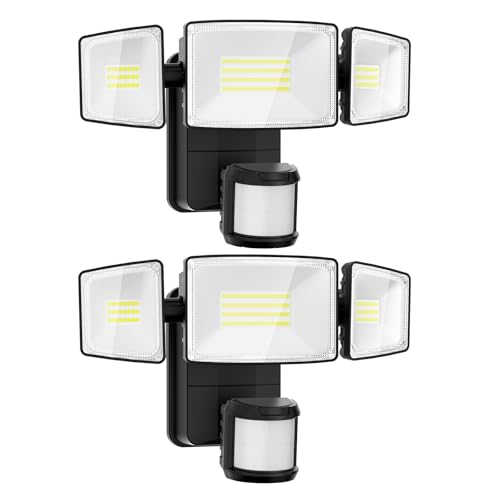 Onforu 2 Pack Battery Powered Motion Sensor Outdoor Lights, 2000LM 6500K Security Flood Lights, IP65 Waterproof Battery Operated Lights with Adjustable 3 Head Motion Detector LED Flood Light