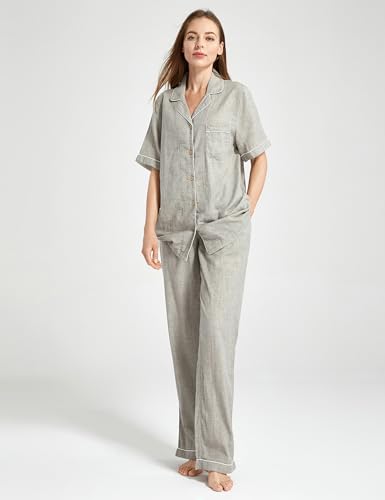 Image of Womens Muslin Pajama Set 100% Cotton Double Gauze Linen Like | Breathable Soft Comfort Button Up Loungewear Sleepwear PJ Set