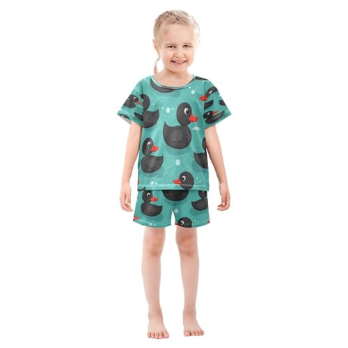 Pajama Sets Short Sleeve Black Ducks Swimming Pattern Soft Cotton Summer Sleepwear 2 Piece PJS Size 5-14T4
