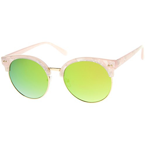 zeroUV Womens Half-Frame Marble Finish Moon Cut Color Mirrored Lens Round Sunglasses2