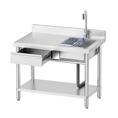 Stainless Steel Utility Sink, Commercial Kitchen Sink, 39.5'' Free Standing Single Bowl Sink with Drawer & Cold and Hot Water Pipe for Kitchen Laundry Room Farmhouse Indoor and Outdoor