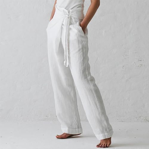 Cotton Linen Pants for Women Summer 2024 Casual Wide Leg Tie Knot Beach Pants with Pocket Palazzo Lounge Trousers2