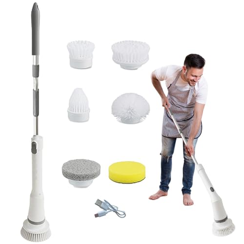 Fregadora eléctrica, fregadora giratoria eléctrica, fregadora inalámbrica, Herramientas de Limpieza inalámbricas, cepillos con 6 Cabezales de Cepillo de Repuesto, fregadora de Piso Multifuncional