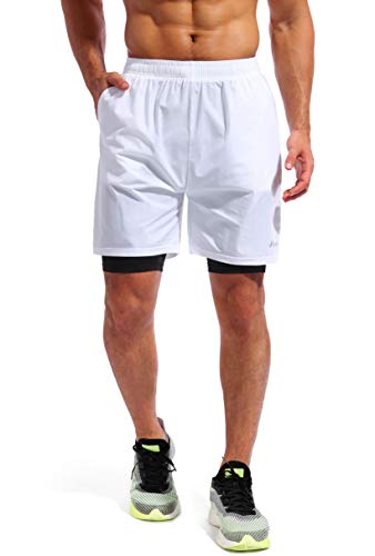 Image of Pudolla Men's 2 in 1 Running Shorts 5 inch Quick Dry Gym Athletic Workout Shorts for Men with Phone Pockets