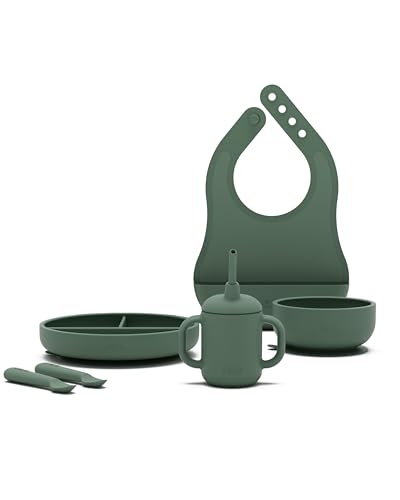 Image of Lalo First Bites Silicone Baby Feeding Set - Baby Led Weaning Supplies - Non-Toxic Silicone - Includes 1 Bib, 2 Spoons, Training Cup, Suction Plate and Bowl - 6 Pieces - Olive