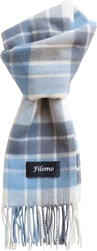 （09:30時点） [Filomo] カシミヤ ブレンド マフラー レディース メンズ 【やわらか肌触り×22バリエーション】 (185×30cm, ブルーチェック)