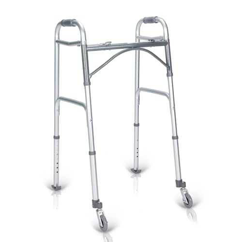 Image of KosmoCare Deluxe Folding Walker with added accessories - 360 swivel wheels and carpet gliders.