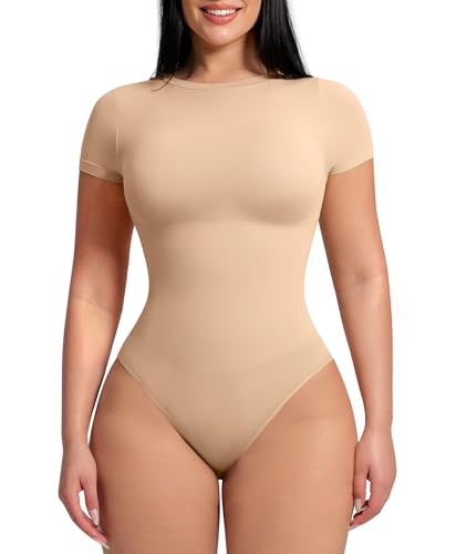 FeelinGirl Shapewear Bodysuit Crew Neck Bodysuits Fashion Short Sleeve Tops Basic Body Suit Double Lined T Shirts Warm Sand X-Small-Small