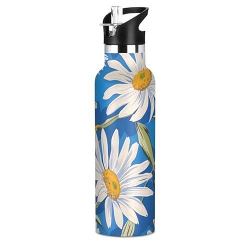 White Daisy - Botella de agua deportiva aislada a prueba de fugas y sin BPA con tapa de boquilla a prueba de fugas, doble pared aislada al vacío para viajes, camping, bicicleta, vasos termicos frio y