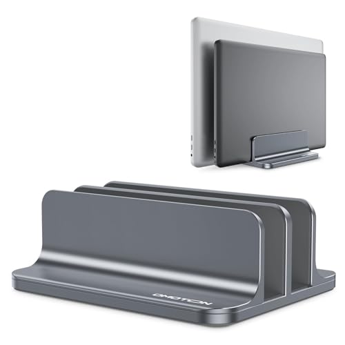 Image of OMOTON Vertical Laptop Stand [Updated Double Version], Desktop Aluminum Mac Book Stand with Adjustable Dock Size, Fits All Mac Book, Surface, Chrome Book and Gaming Laptops (Up to 17.3 inch) (Grey)