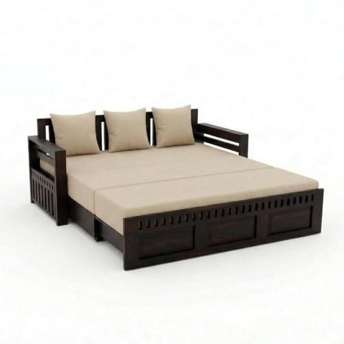 Image of SONA ART & CRAFTS Kuber Sheesham Wood Sofa Cum Bed with Bedside | 3 Seater with Storage and Side Pockets for Living Room Organizer Furniture Sofa Bed Home, Bedroom (Walnut Finish)