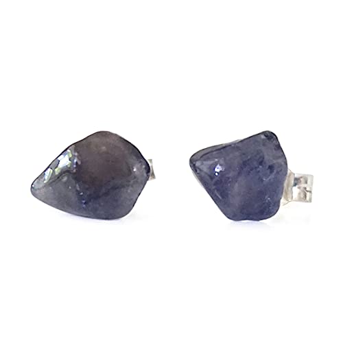 Raw Iolite Sapphire Earrings - Gemstone Stud Light Blue Sapphire Stud Earrings - Sterling Silver Earrings - Virgo Gift September Birthstone - Unisex Jewelry - Gift for Him - Gift for Her